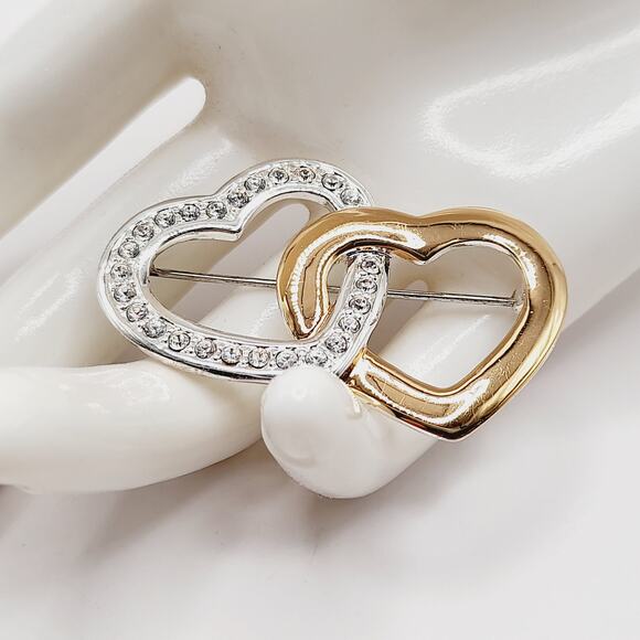 Vintage Monet Interlocking Hearts Brooch Gold Silver Tone Rhinestone - Picture 6 of 9